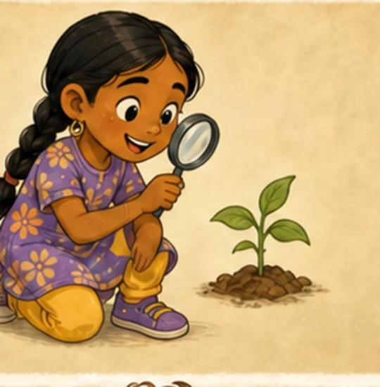 Anika Patel, a young Indian American girl examining a seedling with a magnifier.