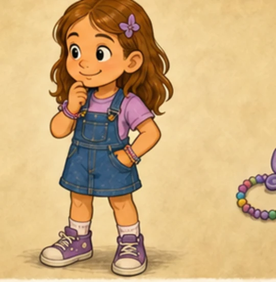 Christina Chrissy Valdez, a light-skinned Cuban American and Greek American girl in a denim jumper and purple shirt.
