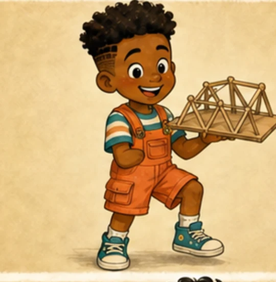 Andre Dre Wilson, a young Black boy in coral overalls holding a model bridge.