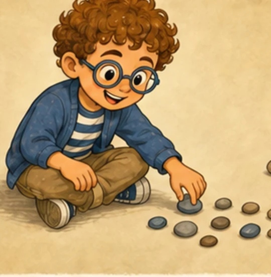 Eli Rosen, a white Jewish American boy with curly hair and round glasses sorting counting stones.