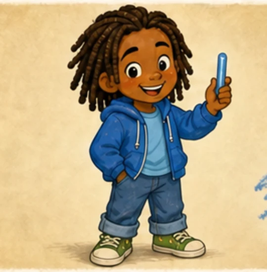 Miles Carter, a young Black boy with shoulder-length locs wearing blue, holding a blue chalk piece.