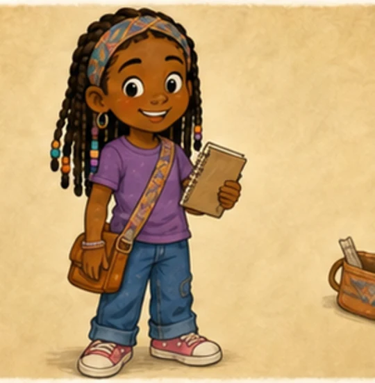 Tomi Adebayo, a Nigerian American girl with long braids, a notebook, and a purple shirt.