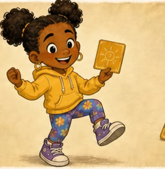 Zora Bennett, a dark-skinned Black girl with two puff buns wearing a yellow hoodie.