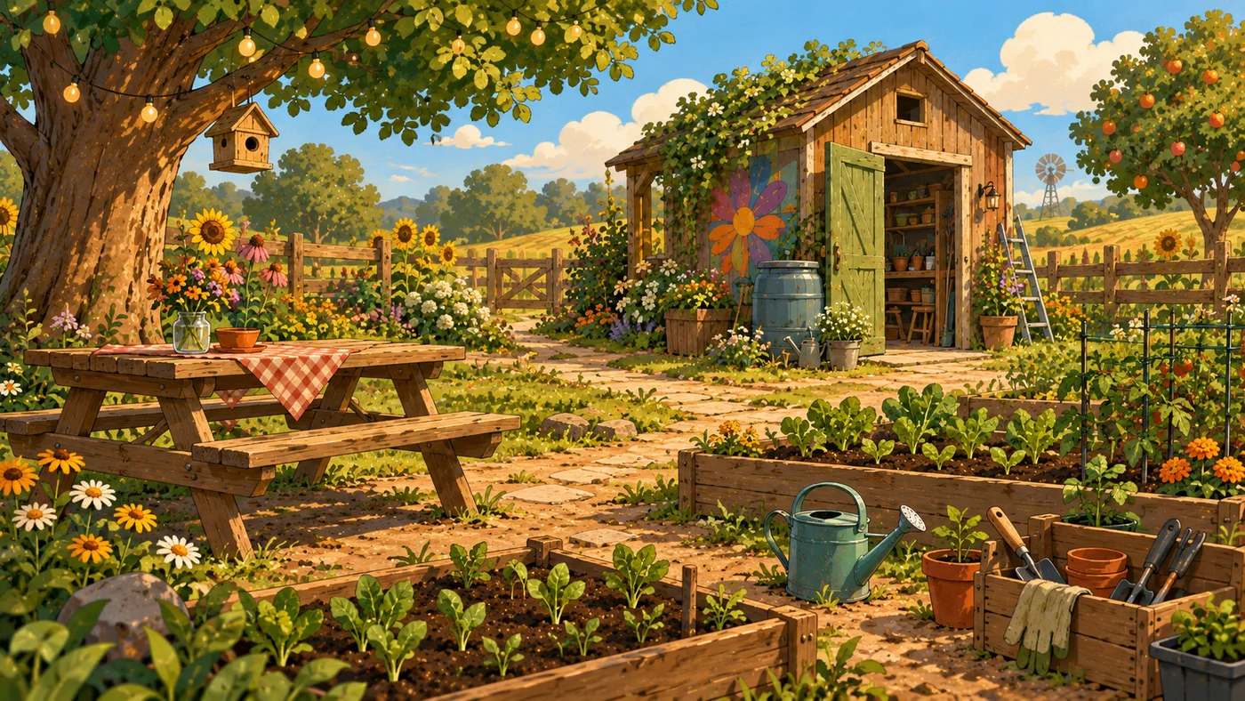 The approved Story Farm garden with raised beds, picnic table, shed, and flowers.